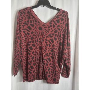Kaktus Women's Red Black Animal Print Glitter V Neck LS Top M Made in Italy